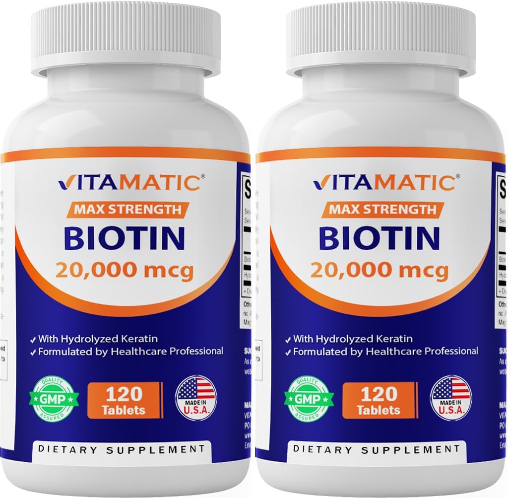 Vitamatic High Potency Biotin 20000 mcg (20mg) ile Keratin 100 mg - 120 Vejetaryen Tabletler - Yetişkinler için Biotin Supplements (120 Kont)