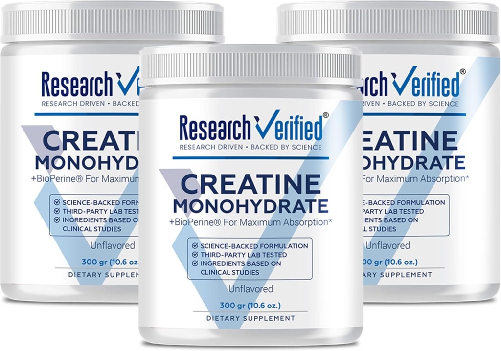 Έρευνες Επαληθευμένο Monohydrate Creatine Monohydrate - Υποστήριξη Βέλτιστη ανάπτυξη των μυών, Ενίσχυση της απόδοσης - 5000mg Creatine Monohydrate - BioPerine - 180 εξυπηρετήσεις - Χωρίς γεύση - Vegan