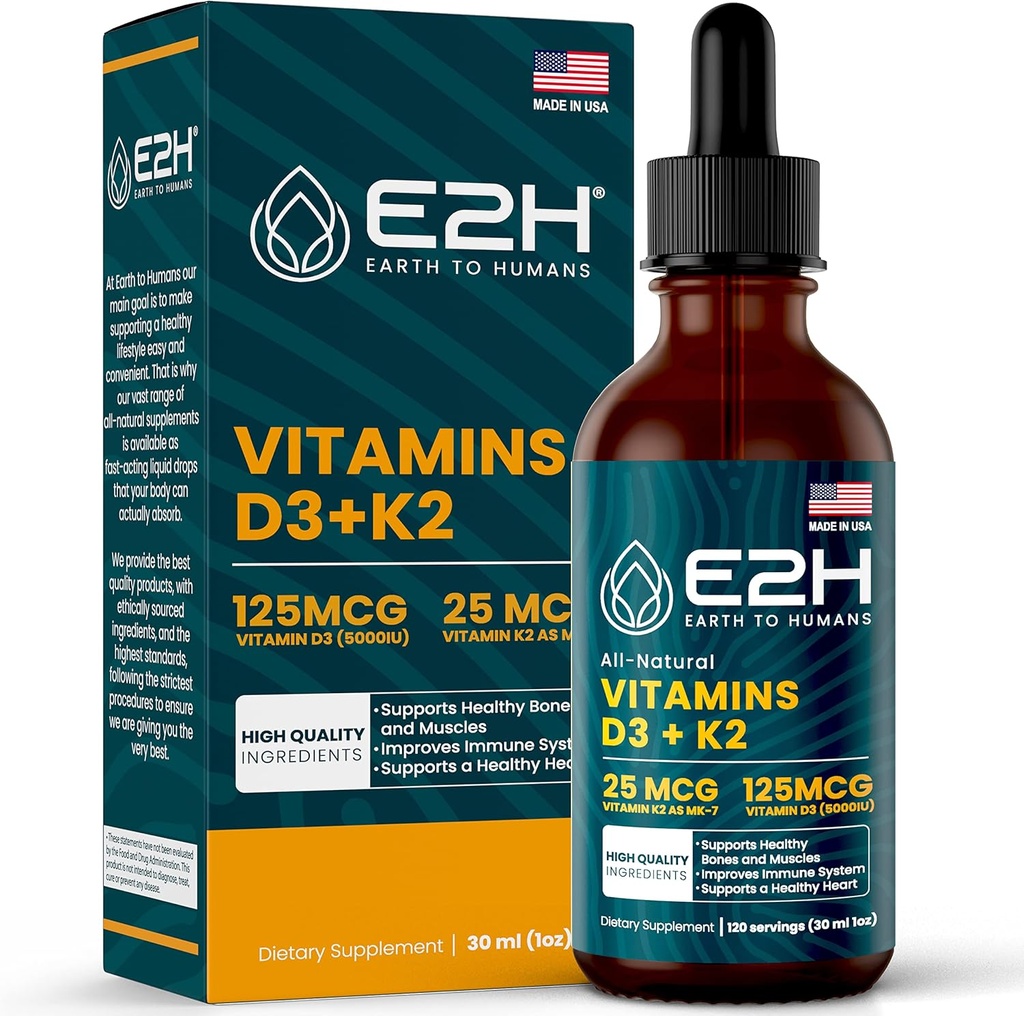 E2H Βιταμίνες D3 & K2 Συμπλήρωμα για την Ανοσολογική Υποστήριξη - Υγρή Βιταμίνη D3 5000 IU - Κατασκευασμένες στις ΗΠΑ - Μη ΓΤΟ, Vegan - 120 Σερβιέτες