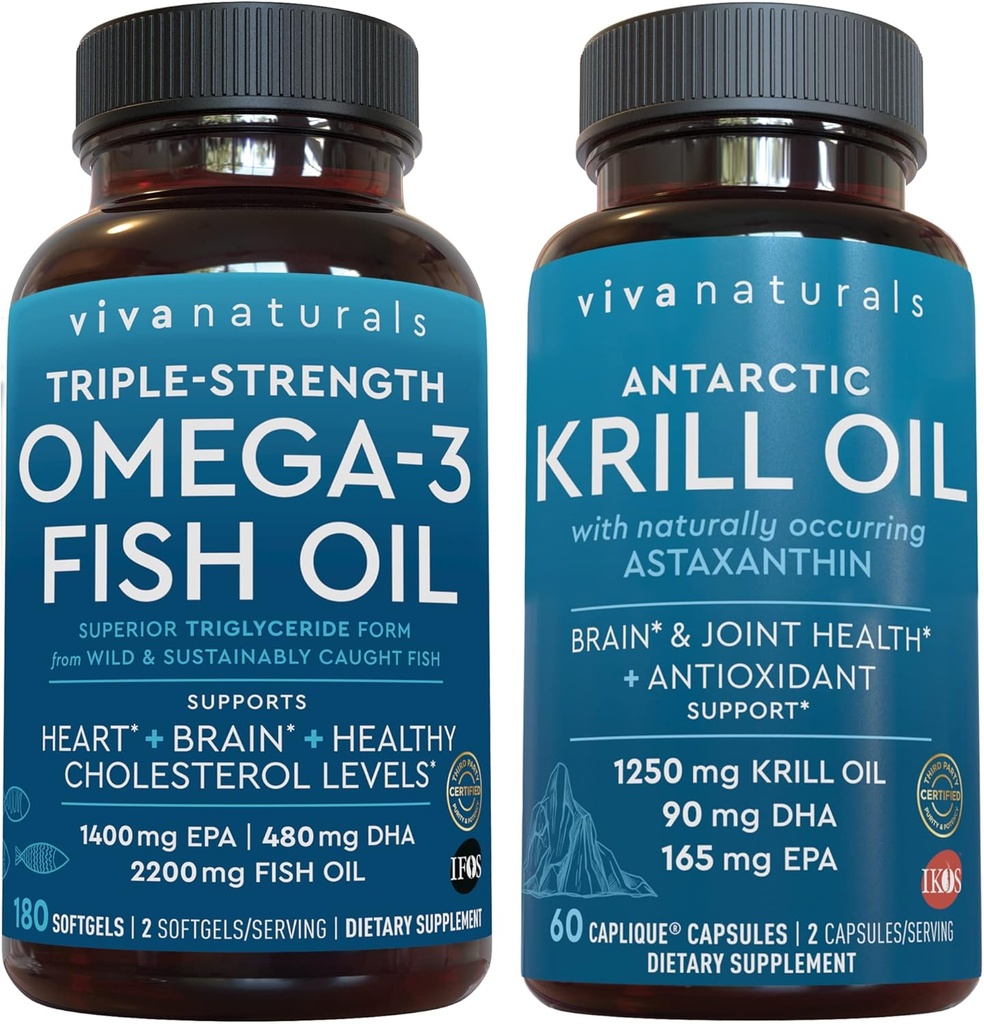 Antarktika Krill Oil ve Triple-Strength Omega 3 Fish Oil Sche, 1250 mg Krill Oil & 2,200 mg Balık Yağı Hizmet Edilmiş Omega 3 EPA ve DHA