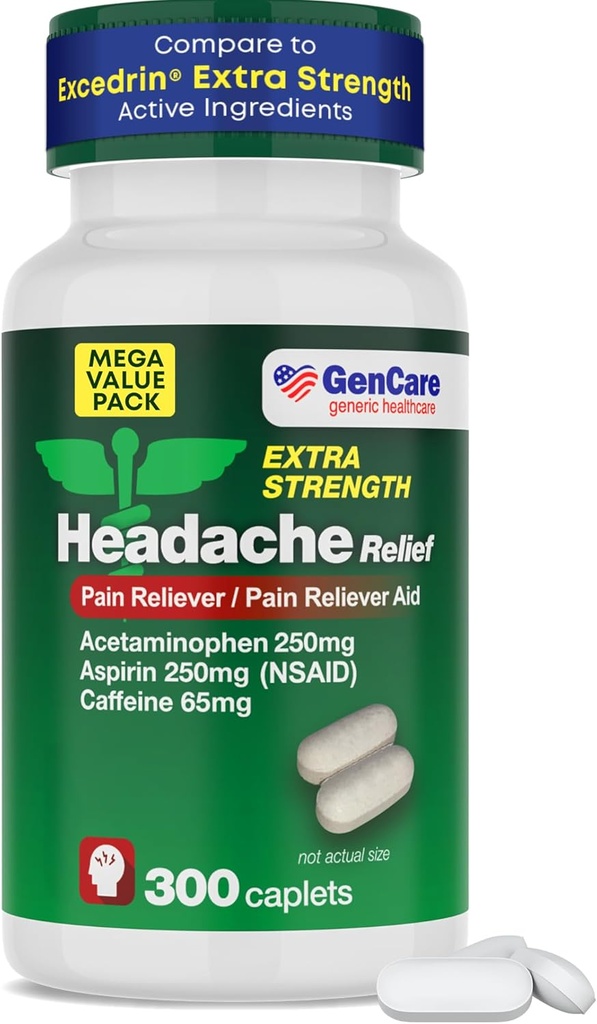 GenCare - Headache Relief Acetaminophen with Aspirin (NSAID) & Caffeine (300 Caplets) Value Pack | Head Pain, Muscle Aches, Back Pain & Body | Generic ExcedrEn Extra Strength
