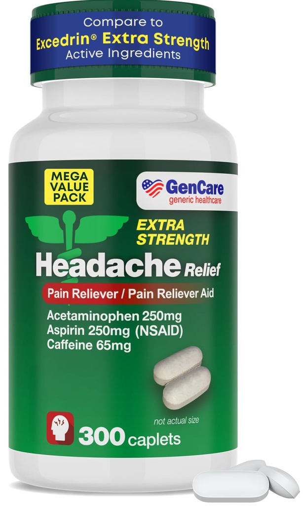 GenCare - Headache Relief Acetaminophen with aspirin (NSAID) & Caffeine (300 Caplets) Value Pack | Head Pain, Muscle Aches, Back Pain & Body | Generic ExcedrEn Ekstra Kuvvet