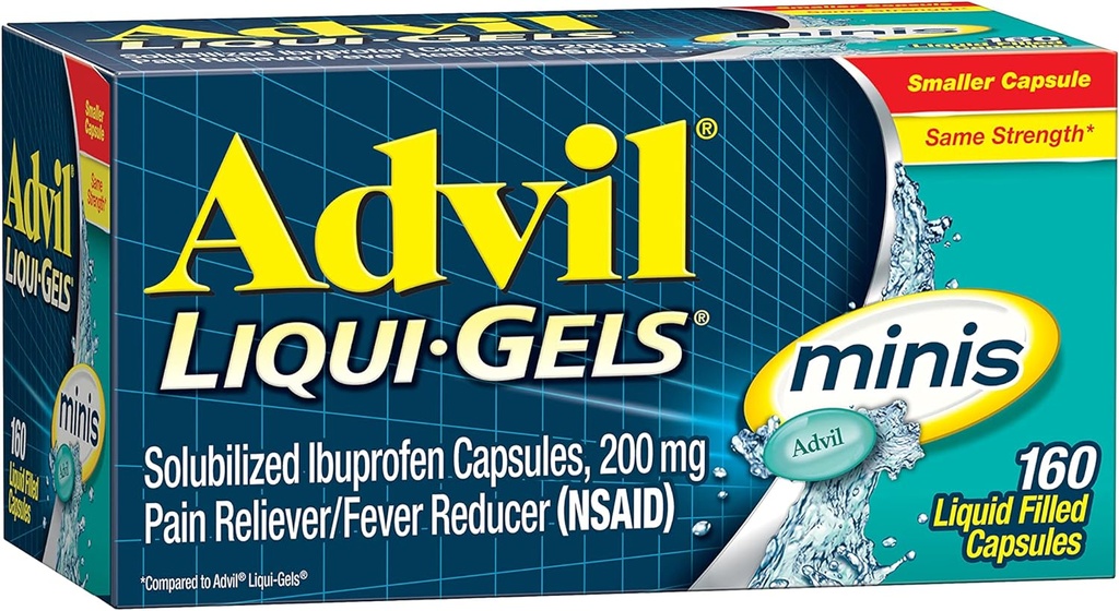 Advil Liqui-Gels Minis Pain Reliever ve Ateş Tanımları, Ağrı Yardımı için Ibuprofen 200 mg for Pain Relief - 160 Liquid Filled Capsules