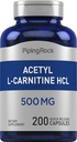 Piping Rock Acetyl L-Carnitine HCL | 500 mg | 200 Powder Capsules | Non-GMO, Gluten Free Supplement