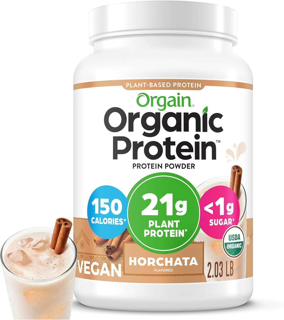 Orgain Organic Vegan Protein Powder, Horchata - 21g Plant Based Protein, 9g Prebiotic Fiber, Low Net Carb, No Lactose Ingredients, No Added Sugar, Non-GMO, For Shakes & Smoothies, 2,03 lb