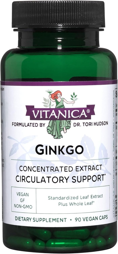 Vitanica Ginkgo - Συμπλήρωμα για την υγεία του εγκεφάλου - Υποστηρίζει ροή αίματος & κυκλοφορία σε γυναίκες & άνδρες - συμπλήρωμα βοτάνων που χρησιμοποιεί εκχύλισμα Ginkgo & φύλλο - Lady - 90 κάψουλες