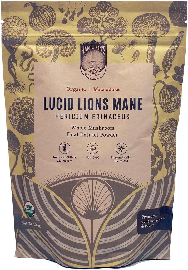 Hamilton'ın Lucid Lion's Mane | Organik Mushroom Ekstra Saç Bakımı için Toz, Nerve Büyüme Faktörü, Focus, Memory ve Concentration | High Potency | Beta Glucans | GF, Non-GMO, Vegan (200g)