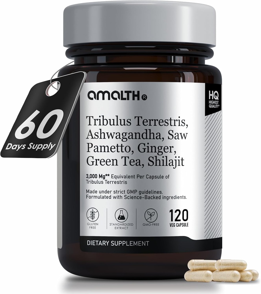 Amalth Tribulus Terrsestris, 20:1 Extract Per Serving, Highest Potency with Ashwagandha, Saw Palmetto, Shilajit 120 Κάψουλες