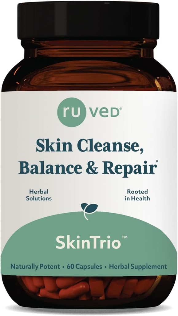 ruved SkinTrio - συμπλήρωμα Neem με οργανικό εκχύλισμα Neem & Amla, συμπλήρωμα υποστήριξης δέρματος & μικροβιώματος - 60 κάψουλες χορτοφάγων (1 κόμης)