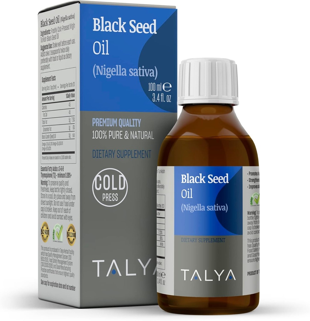 TALYA Black Seed Oil 3.4 fl. oz (100 ml) - Sıvı Siyah Tohum Yağı - Diyetsel Tamam - Immune Support - High Thymoquinone - Cold Pressed - Pure Turkish Black Seed Oil - Non-GMO - Glass Şişe Şişe