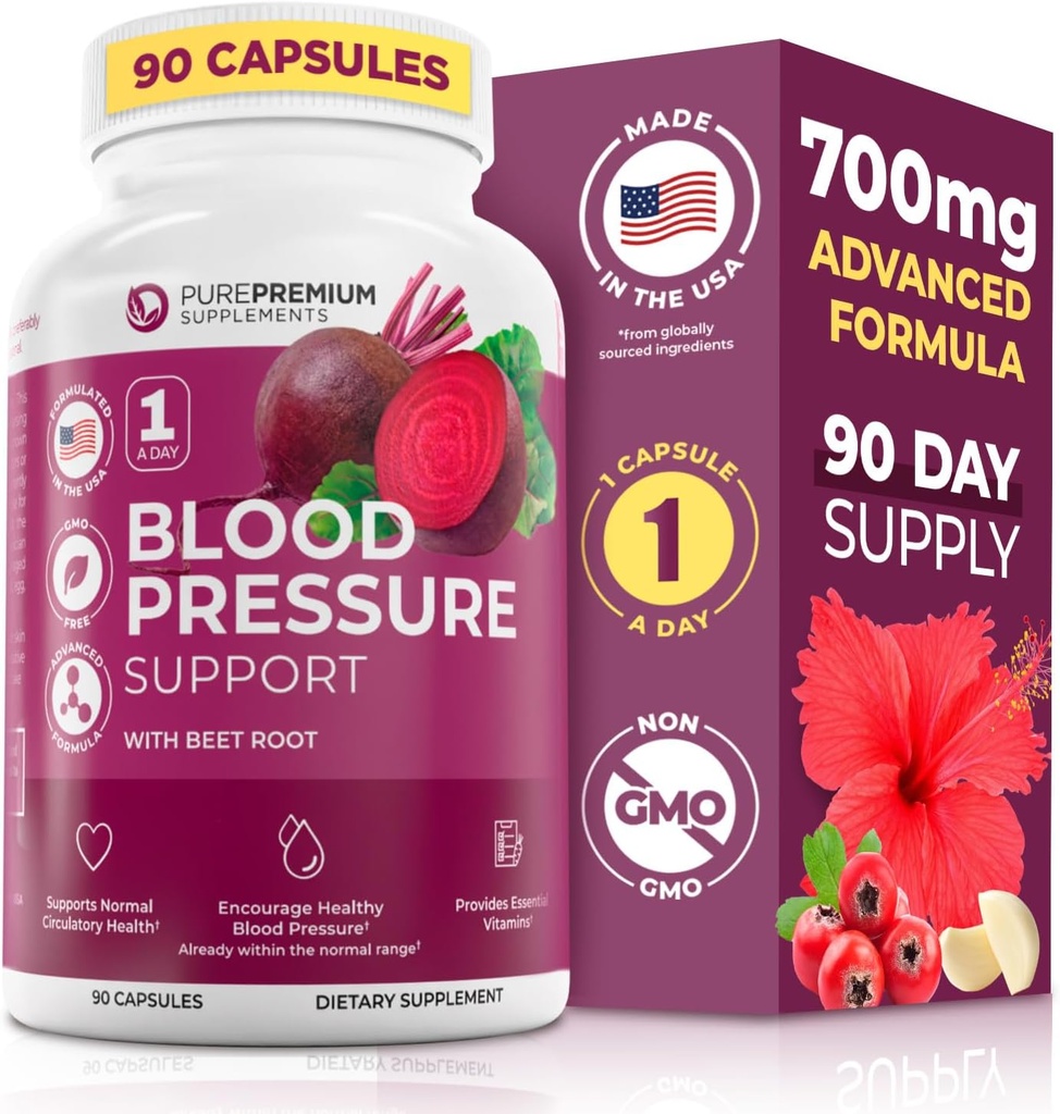Kan Basıncı Desteği için Saf Tedarikçi - 700 mg Gelişmiş Formula Beetroot Toz, Hawthorn, Hibiscus & Heart for Normal Nitrik Çimento Prodüksiyon & Heart Health - Non-GMO - 90ct