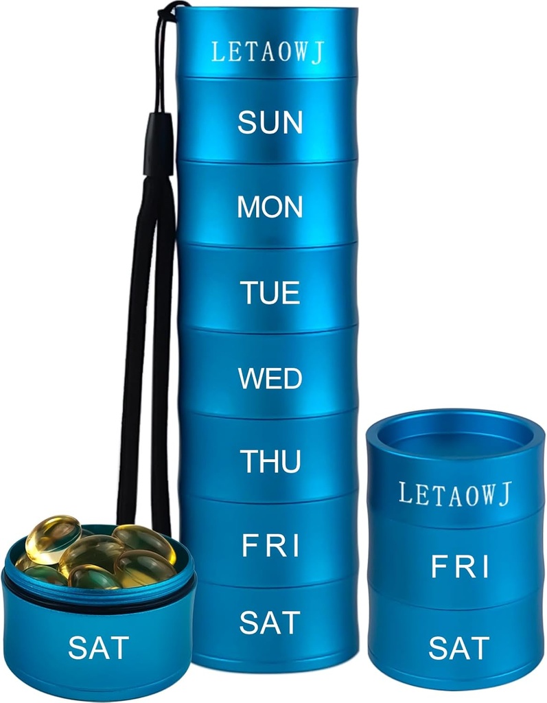 Haftalık Seyahat Stackable Pill Organizer, Büyük Kapasite Metal Pill Case 7Day Karşılaştırmalı Tıp Box Suları Petrol, Vitaminler, Pills ve Supplements için alüminyum depolama kutusu