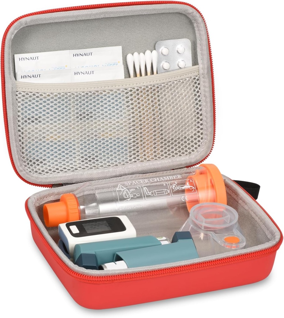 Asthma Inhaler ve Aksesuarları için Hard Travel Case, Met Pocket for Medicine, Red