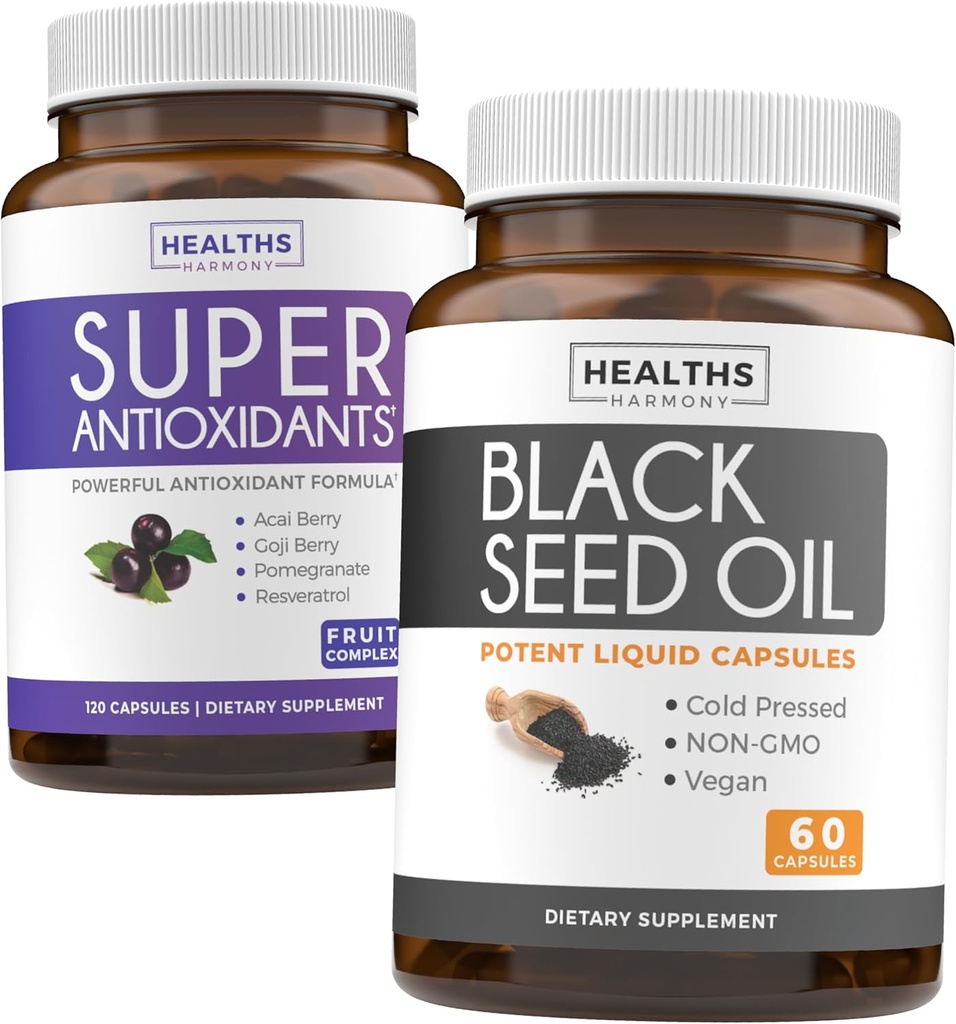 Antioksis & Black Seed Oil (1-Month Supply) Super Antioksi Supplement with Acai Berry, Goji Berry, Pomegranate & Trans Resveratrol (120 Capsules) & Black Seed Oil (Non-GMO & Vegan) 60 Capsules