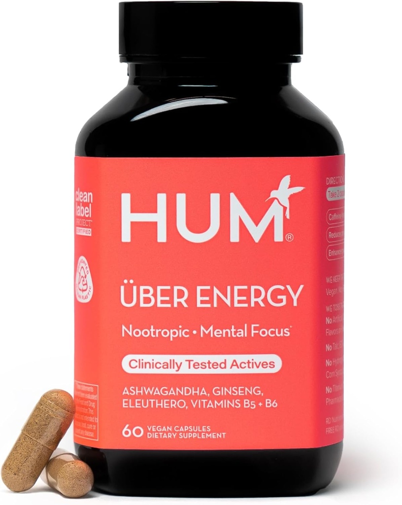 HUM Uber Energy Adrenal Energy Support Supplement with Ashwagandha Root, Ginseng, B Vitamins, B6, B5, and Adaptogens, Supplements for Adrenal Fatigue Support, 60 Vegan Capsules