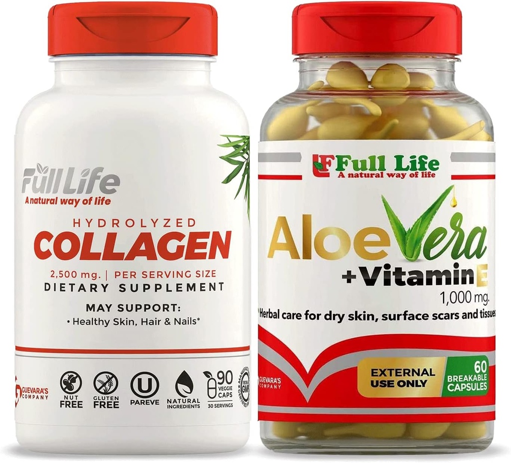 Full Life Hydrolyzed Collagen Supplement - Bovine Collagen Pills 90 Capsules ve Aloe Vera, Skin için E Capsules - Hydrating Face Moisturizer - 60 Breakable Capsules