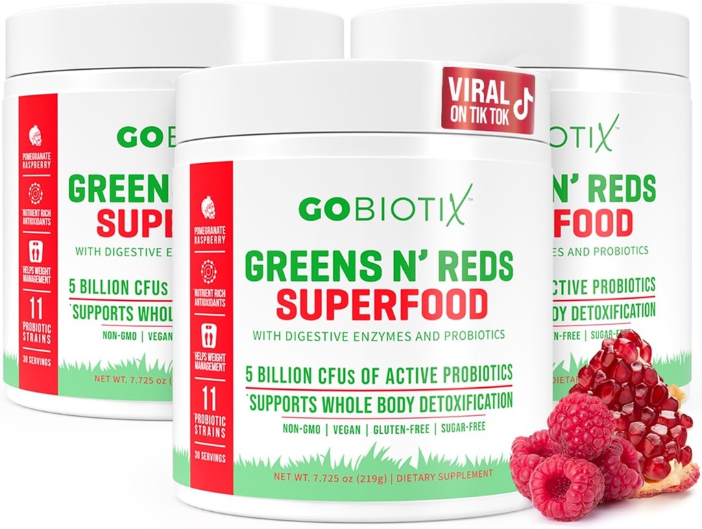 GOBIOTIX Super Greens ve Reds Toz - Red ve Green Superfood - Probiyotik Supplement - Digestive Enzymes and Beet Root Toz - Organik Tüm Gıdalar Diyetsel Tamam (Pom Raspberry, 3 Pack)
