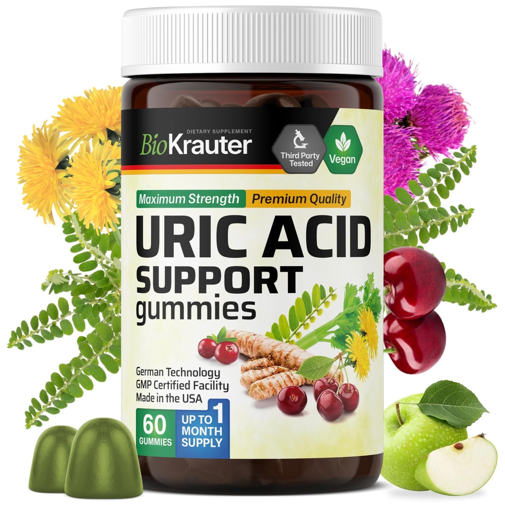 BIO KRAUTER Uric Acid Support Gummies - 60 Vegan Chews - Uric Acid Support w /Tart Cherry & Chanca Piedra 4:1 Ekstralar - Doğal Kidney Supplement w/Milk Butle ve Turmeric
