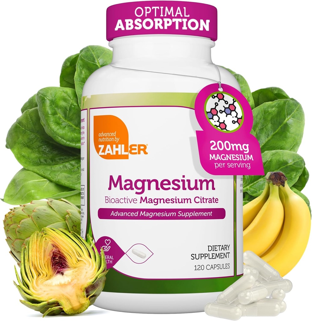 Zahler - Μαγνήσιο Συμπληρώματα κάψουλες 200 mg (120 Count) Certified Kosher Bioactive Magnesium Citrate for Max Absorption - Φυσικό Μαγνήσιο Ορυκτό για άνδρες και γυναίκες - Best Magnesium Συμπληρώματα