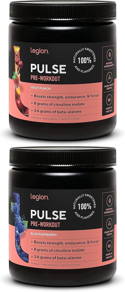 LEGION Pulse Pre Workout Supplement - All Natural Nitric Oxide Preworkout Drink to Boost Energy, Creatine Free, Naturally Sweetened, Beta Alanine, Citrulline, Alpha GPC (Fruit Punch & Blue Raspberry)