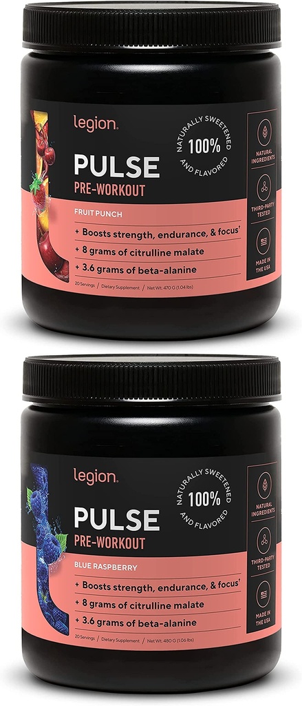 LEGION Pulse Pre Workout Supplement - All Natural Nitrik Oksit Preworkout Drink to Boost Energy, Kretine Free, Doğal olarak Sweetized, Beta Alanine, Citrulline, Alpha GPC (Fruit Punch & Blue Raspberry)