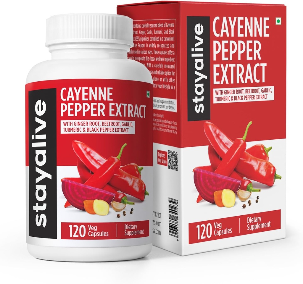 StayAlive Cayenne Pepper Capsules 960mg Super Extract with Ginger, Tur, Turmeric, Beet Root, Black Pepper, 120 Cayenne Capsules, Support Cardiovascular & Immune System, Capsaicin Supplement Pills