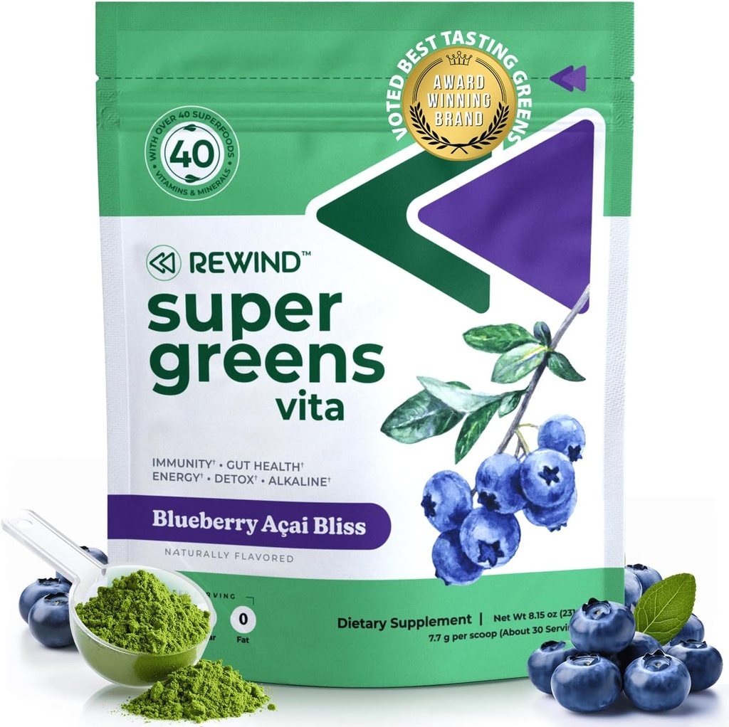 Super Greens Tozunu 40+ Superfoods ile En İyi Tasting Super Greens - Günlük Yeşil Toz B12, çinko, C vitamini, Magnezyum & Food – Green Juice Superfood Mix - Blueberry Acai Flavor