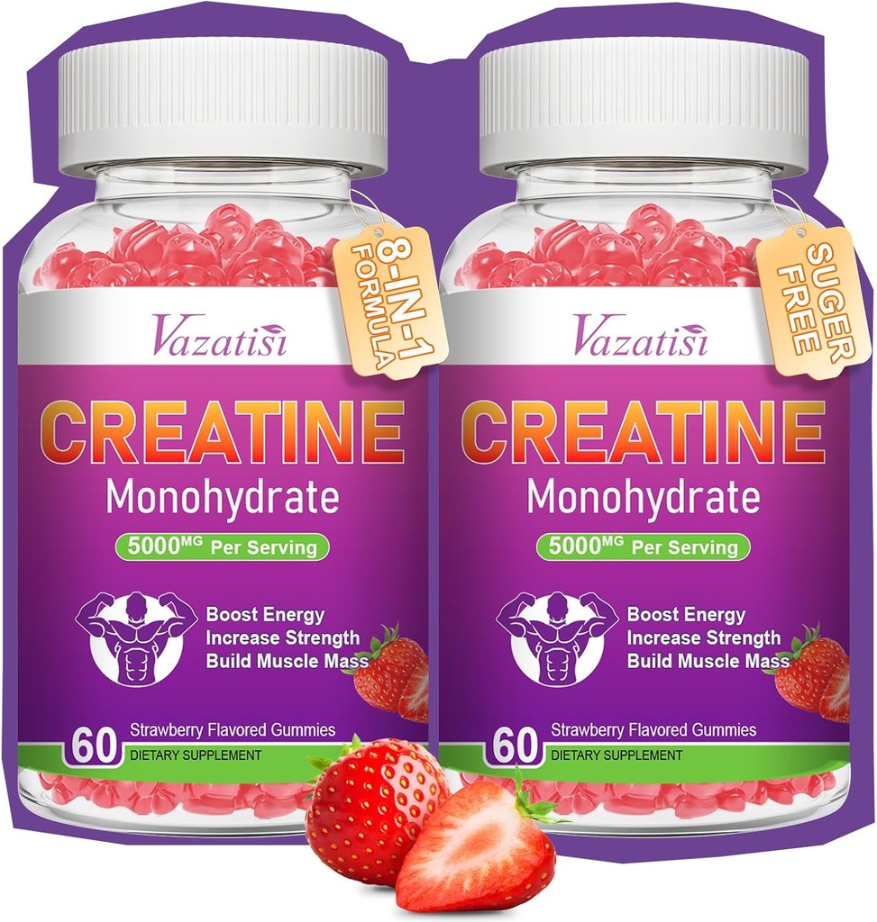 2 Pack Women & Men için Monohidrat Gummies, Sugar Free Vegantine Supplement for Build Muscles, Art & Strength, Natural Strawberry Flavor, 120