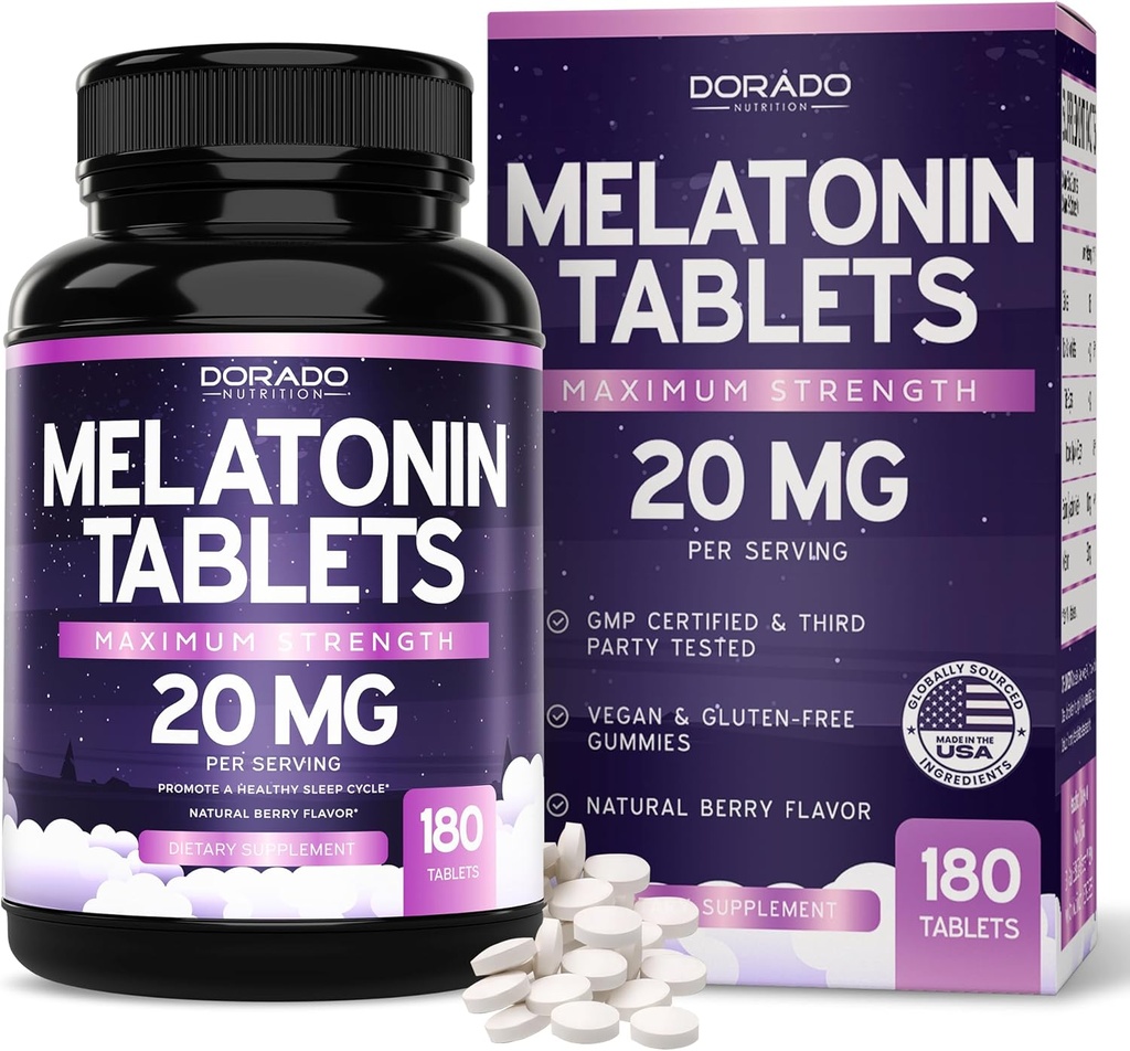 Melatonin 20mg Tabletleri Yetişkinler için (180 Kont) - Quick Dissolve 20mg of Melatonin Per Tablet - Yüksek Potency, Gluten-Free, Non-GMO, Vegan - Karma Berry Flavor - Bulk Supply - ABD Made