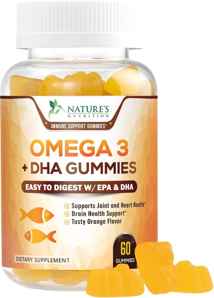 Omega 3 Fish Oil Gummies, Kalp Sağlıklı Omega 3 Gummy Supplement with High Abors DHA & EPA, Ekstra Güçlü Ortak & Beyin Desteği, Lezzetli Balık Yağı Doğası Vitamini - 60 Gummies