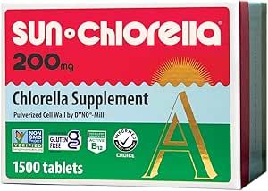 Sun Chlorella 200 mg Green Algae Superfood Supplement - Pulverized Cell Wall - Chlorophyl, CGF, Active B12, Iron, Protein - Non-GMO - 1500 Tabletισκία