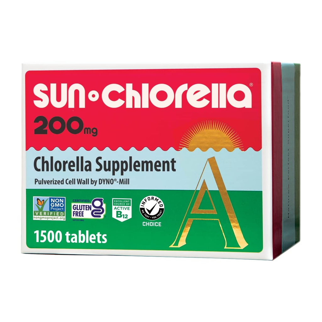 Sun Chlorella 200 mg Yeşil Algae Superfood Supplement - Pulverized Cell Wall - Chlorophyll, CGF, Active B12, Iron, protein - Non-GMO - 1500 Tabletler