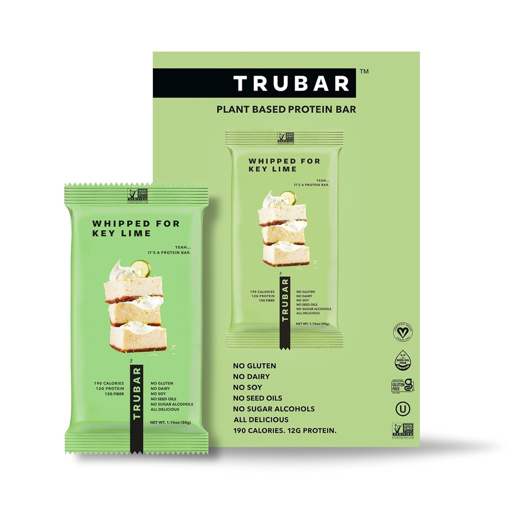 TRUBAR Vegan Protein Bar, Whipped for Key Lime, Gluten Free, Plant Based, High Fiber, Dairy Free, Low Fat, Non GMO, No Sugar Alcoins, 12G Lean Protein, 13G Fiber, Healthy Snack Bars, 12 CT