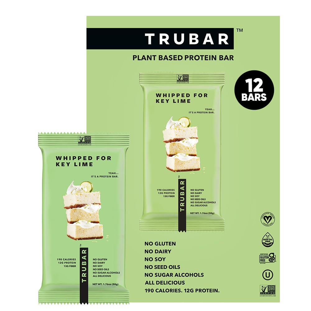 TRUBAR Vegan protein Bar, Key Lime, Gluten Free, Plantive, High Fiber, Süt Free, Low Fat, Non GMO, No Sugar Alkols, 12G Lean Protein, 13G Fiber, Sağlıklı Snack Bar, 12 CT CT