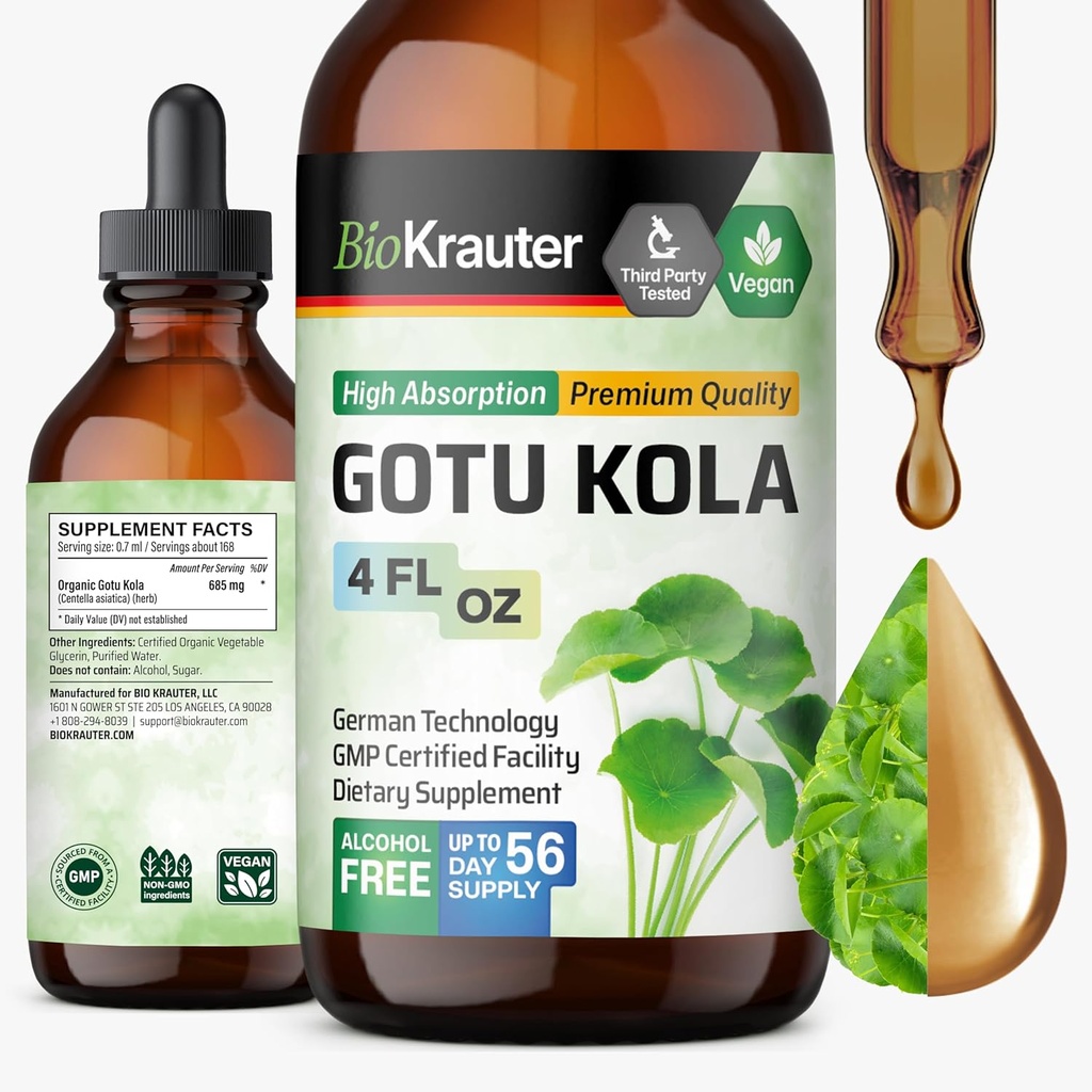 BIO KRAUTER Gotu Kola Tincture - Centella Asiatica Extract - Alkol ve Şeker Free Gotu Kolaksiyon - Vegan Drops 4 Fl.Oz.