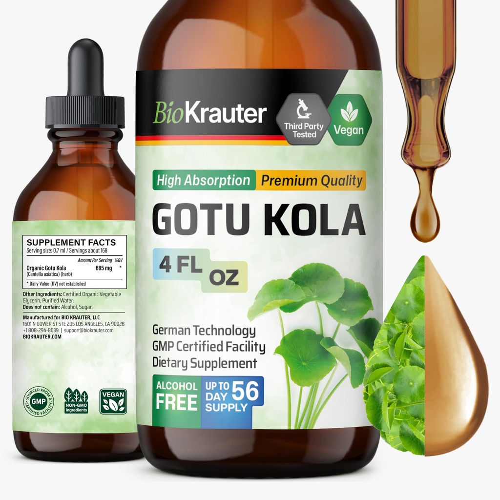 BIO KRAUTER Gotu Kola Tincture - Centella Asiatica Extract - Alkol ve Şeker Free Gotu Kolaksiyon - Vegan Drops 4 Fl.Oz.