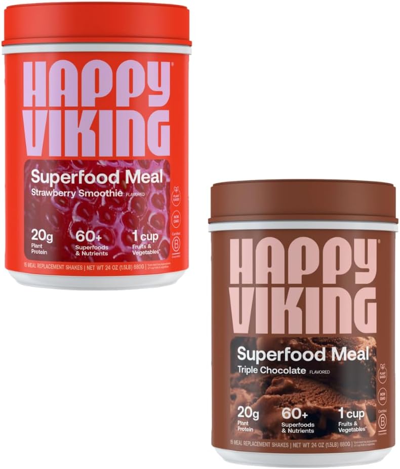 Happy Viking Chocolate and Strawberry Powder, by Venus Williams, 20G Protein, Low Carb, Keto, Vegan, Gluten-Free, Superfoods, Complete Meal Replacement, 2 Canisters (24 oz. Each)