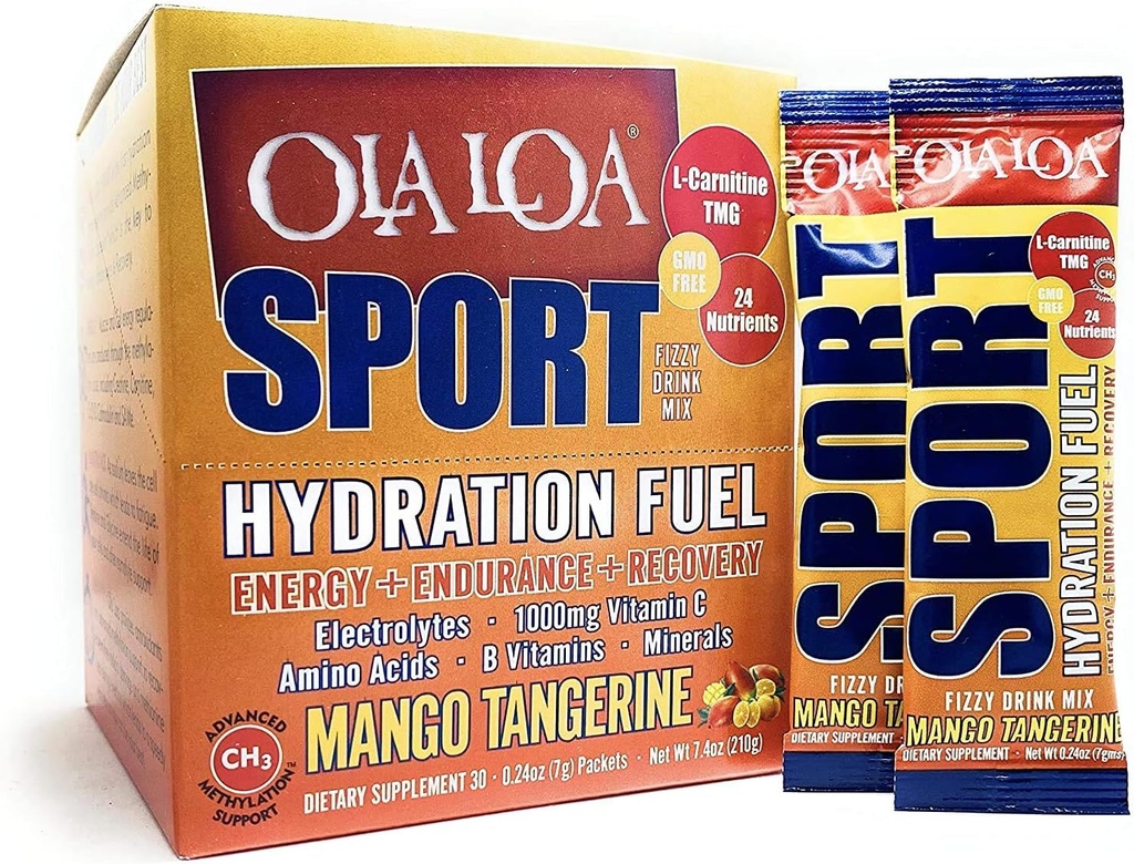 Ola Loa Sport Mango Tangerine All-Natural Hydrating Sports Drink Mix - Energy, Amino Acids, Electrolytes, Vitamin C, Vitamin B, Gluten Free, Vegan - Drink Your Vitamins - 30 Packets (7.4oz)