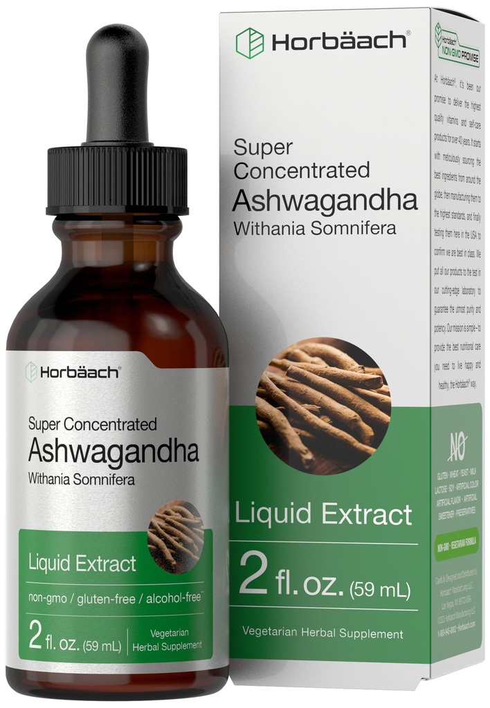 Horbäach Ashwagandha Liquid Drops | 2 Fl Oz | Kadınlar ve Erkekler için Tincture Ekstra | Alkol Ücretsiz Supplement | Withania Somnifera Root | Vegetarian, Non-GMO, and Glute