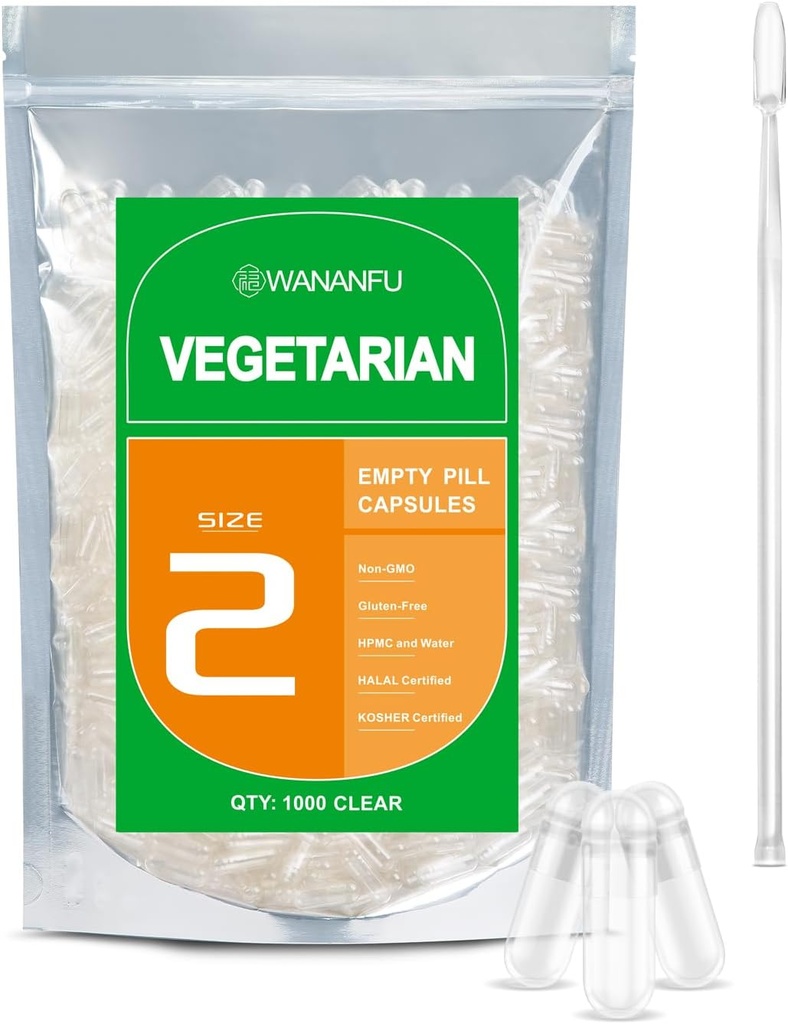 wananfu Boyutu 2 Boş Capsules Vegetarian (500 Count) Sche with 2 Micro Lab Spoons, Clear Fillable Veggie Pill Capsules Boyut 2 Kendi Tamamlarınızı Yapmak için