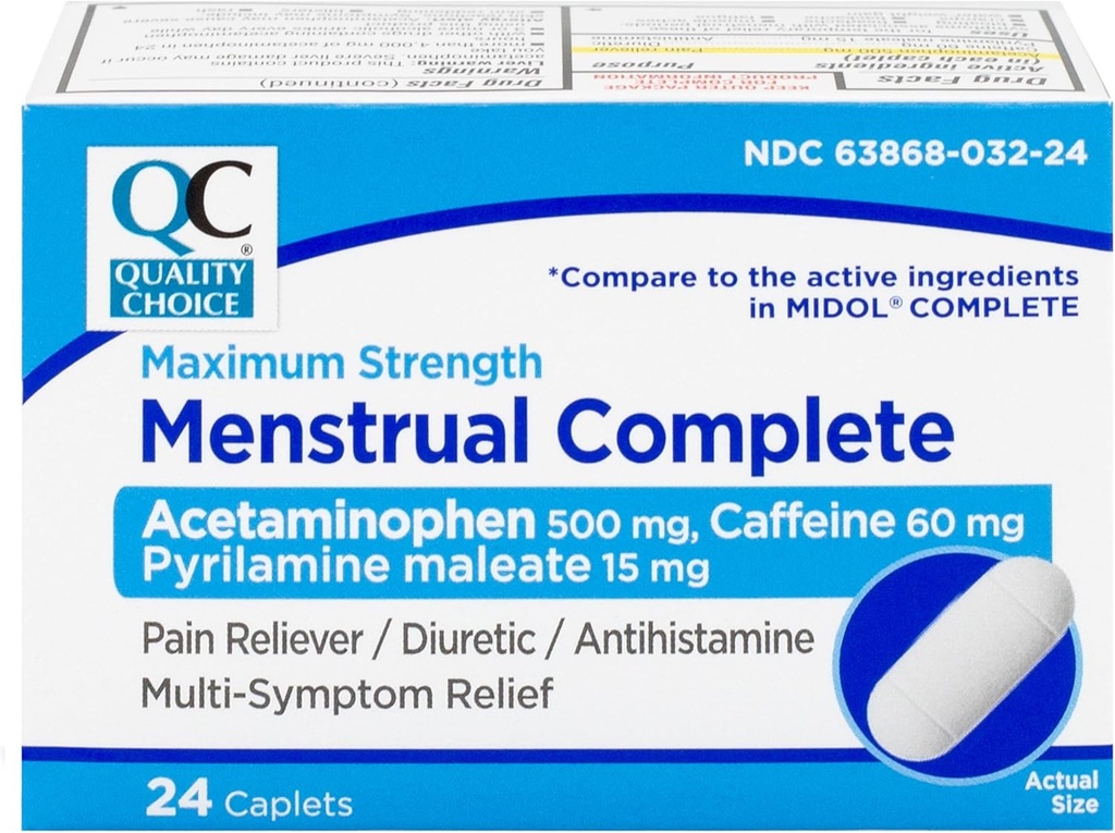 Kalite Seçenekleri Erkekler Max Strength Period Pain Relief, 500 mg of Acetaminophen, 60 mg of Caffeine, 15 mg of Pyrilamine Maleate, Cramps, Bloating, Headache.