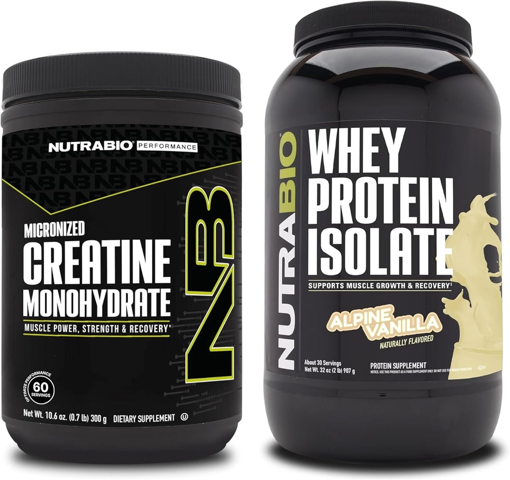 NutraBio Kretine Monohidrat, Unflavored, 300g ve Whey Protein Isolate, Alp Vanilla, Supplement Sche - Muscle Energy, Lean Muscle growth, Recovery, and Strength