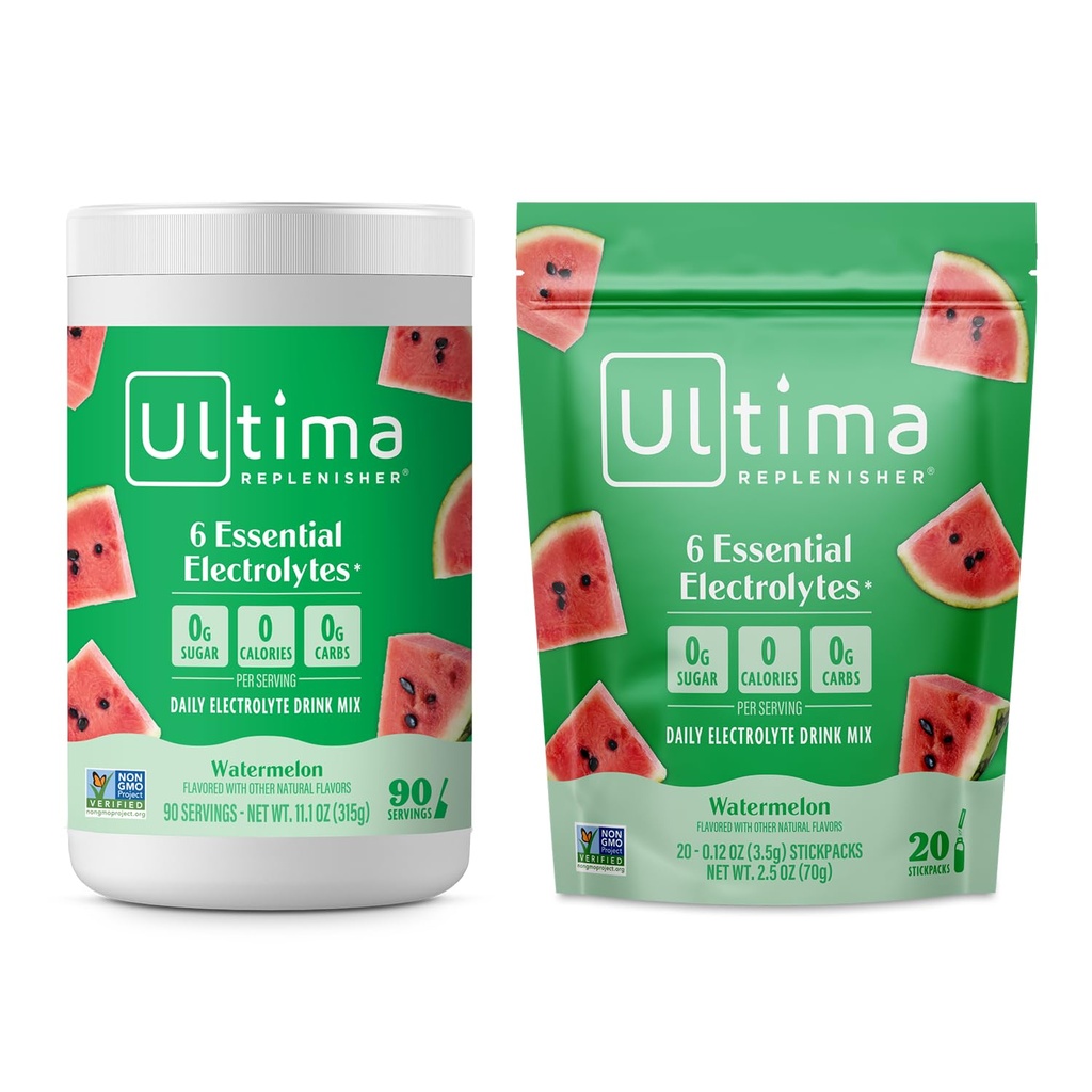 Ultima Replenisher Electrolyte Toz İçecek Mix Sche – Sugar Free – Watermelon, 90 Canister ve 20 Stickpacks – 6 Electrolytes and Minerals – Keto Friendly, Vegan, Non-GMOMOMO