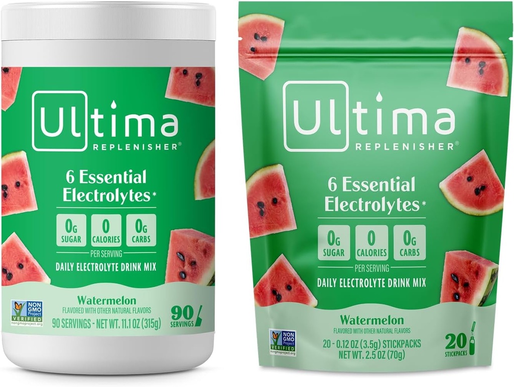 Ultima Replenisher Electrolyte Toz İçecek Mix Sche – Sugar Free – Watermelon, 90 Canister ve 20 Stickpacks – 6 Electrolytes and Minerals – Keto Friendly, Vegan, Non-GMOMOMO