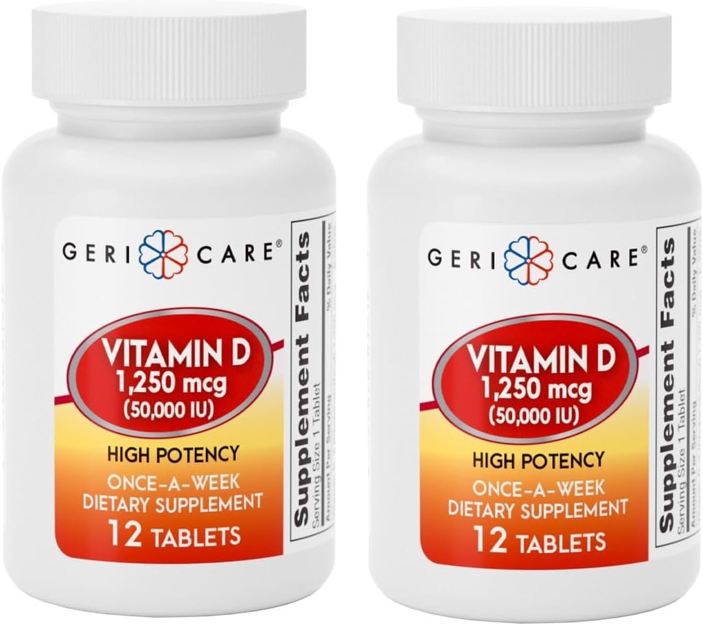 GeriCare Vitamin D 1,250mcg (50.000 IU) Yüksek Potency, Immune Function, Muscle Health, Immune Function, anduba Abxia, Once-A-Week Diyetary Supplement, 12 Count (Pack of 2)