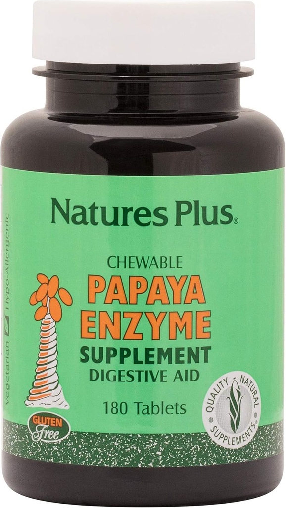Natures Plus Papaya Enzyme - 6 mg Papain - All Natural Digestive Aid Supplement, Contains Amylase & Protease - 180 Chewable Tabletler (180 Hizmetler)