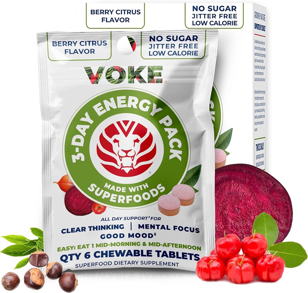 Voke Energy Tabletleri - Hızlı Focus Superfood Chewable Tabletler, Pocket Portable, Resealable Ambalaj, C, Supports Focus Memory Concentration Clear Thinking and Good Mood 30 Count (Pack of 5)