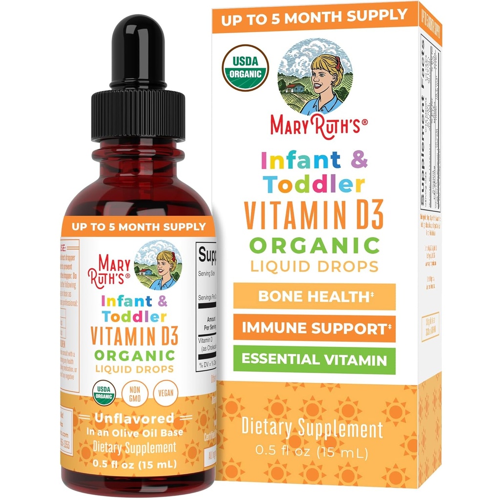 MaryRuth Organics USDA Organic Vitamin D Drops | Vitamin D3 Liquid | Sugar Free | Liquid Vitamin D Drops Immune Support for Infants & Toddlers | VIT D3 | Gluten Free | Non-GMO | 90-150 Servings