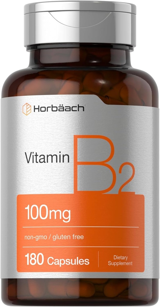 Horbäach Vitamin B2 100 mg | 180 Capsules | Riboflavin Supplement | Non-GMO & Gluten Free
