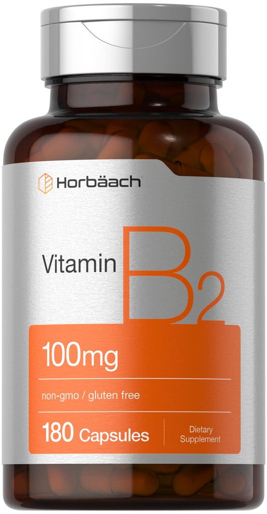 Horbäach Vitamin B2 100 mg | 180 Capsules | Riboflavin Supplement | Non-GMO & Gluten Free